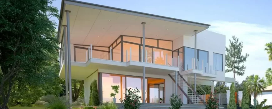 modern family home with a large flat roof extending out over a balcony.